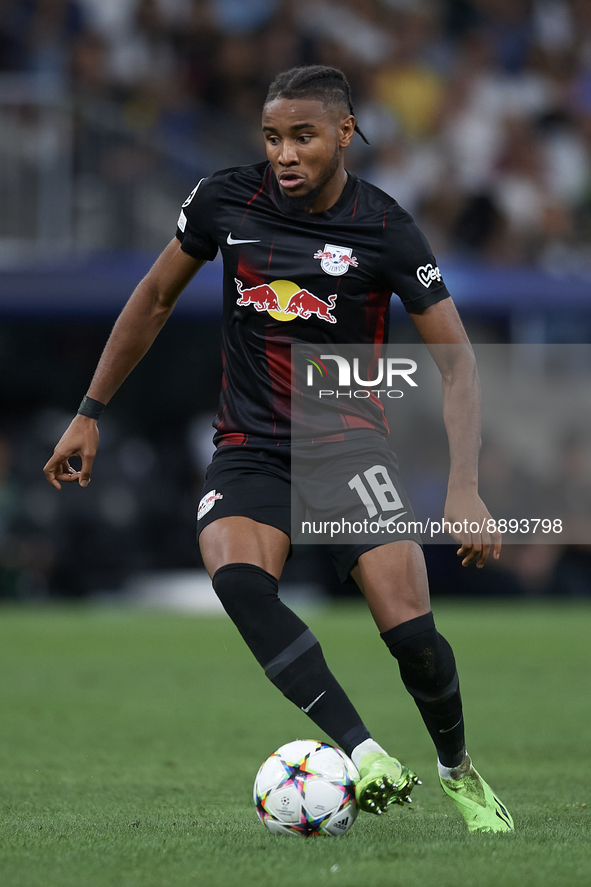 Christopher Nkunku second striker of RB Leipzig and France in action during the UEFA Champions League group F match between Real Madrid and...