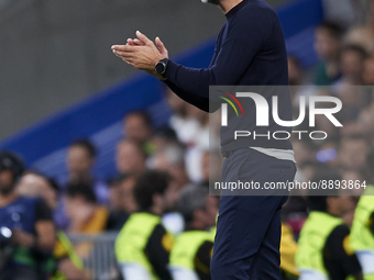 Marco Rose head coach of RB Leipzig gives instructions during the UEFA Champions League group F match between Real Madrid and RB Leipzig at...
