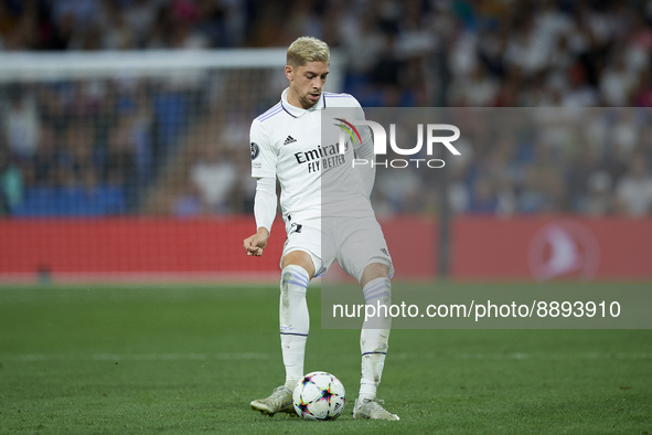 Federico Valverde central midfield of Real Madrid and Uruguay does passed during the UEFA Champions League group F match between Real Madrid...