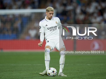 Federico Valverde central midfield of Real Madrid and Uruguay does passed during the UEFA Champions League group F match between Real Madrid...