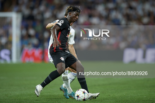 Mohamed Simakan centre-back of RB Leipzig and France during the UEFA Champions League group F match between Real Madrid and RB Leipzig at Es...