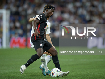 Mohamed Simakan centre-back of RB Leipzig and France during the UEFA Champions League group F match between Real Madrid and RB Leipzig at Es...