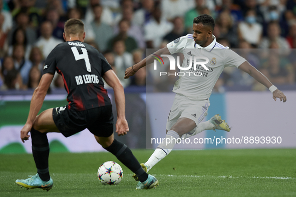 Rodrygo Goes right winger of Real Madrid and Brazil during the UEFA Champions League group F match between Real Madrid and RB Leipzig at Est...