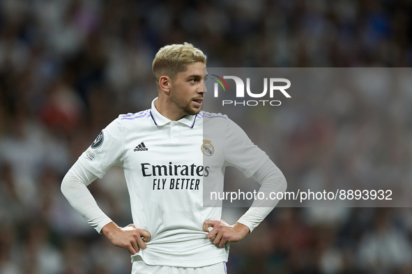 Federico Valverde central midfield of Real Madrid and Uruguay during the UEFA Champions League group F match between Real Madrid and RB Leip...