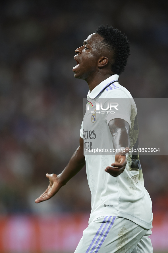 Vinicius Junior left winger of Real Madrid and Brazil reacts during the UEFA Champions League group F match between Real Madrid and RB Leipz...