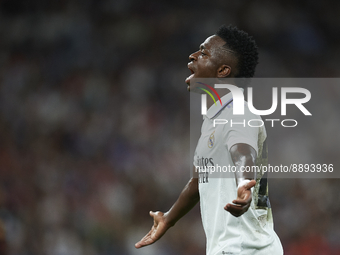 Vinicius Junior left winger of Real Madrid and Brazil reacts during the UEFA Champions League group F match between Real Madrid and RB Leipz...