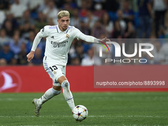 Federico Valverde central midfield of Real Madrid and Uruguay in action during the UEFA Champions League group F match between Real Madrid a...