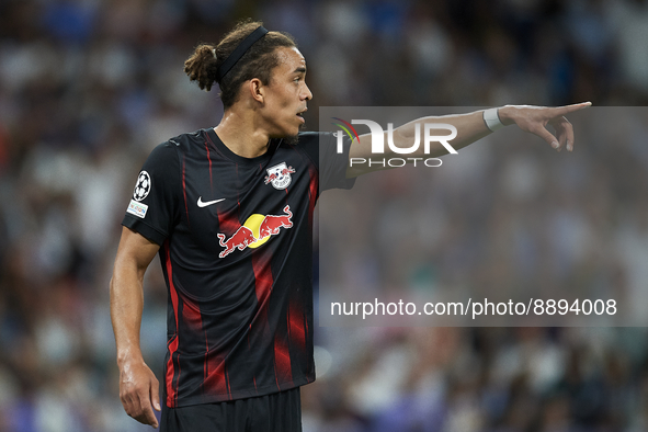 Yussuf Poulsen centre-forward of RB Leipzig and Denmark gives instructions during the UEFA Champions League group F match between Real Madri...