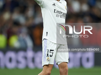 Federico Valverde central midfield of Real Madrid and Uruguay celebrates victory after the UEFA Champions League group F match between Real...