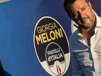  Federal secretary of Italian party Lega Nord Matteo Salvini attends the center-right closing rally of the campaign for the general election...