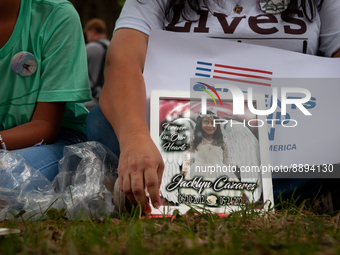 Family of Jacklyn Cazares, a student killed in Uvalde, TX, display a memorial at a rally demanding the Senate pass an assault weapons ban. T...