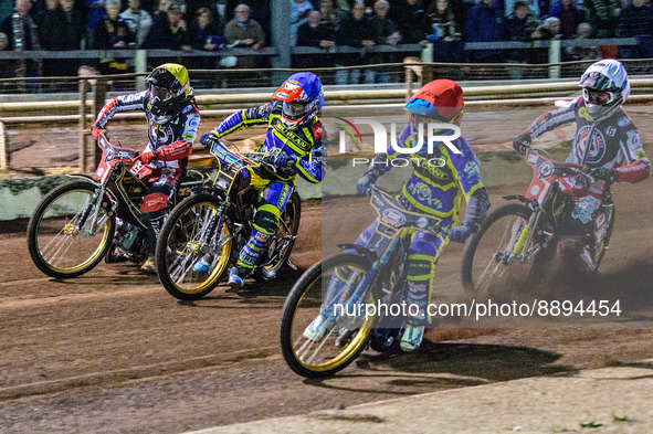Justin Sedgmen  (Red) leads Jye Etheridge  (White) Connor Mountain  (Blue) and Norick Blodorn  (Yellow) during the SGB Premiership match bet...