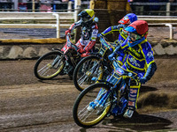 Justin Sedgmen  (Red) inside Connor Mountain  (Blue) and Norick Blodorn  (Yellow) during the SGB Premiership match between Sheffield Tigers...