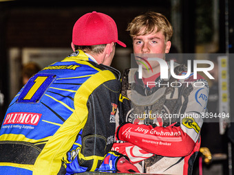 Tobiasz Musielak  (left) chats with Norick Blodorn  during the SGB Premiership match between Sheffield Tigers and Belle Vue Aces at Owlerton...