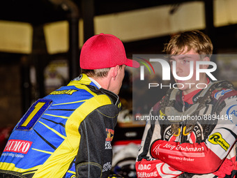 Tobiasz Musielak  (left) chats with Norick Blodorn  during the SGB Premiership match between Sheffield Tigers and Belle Vue Aces at Owlerton...