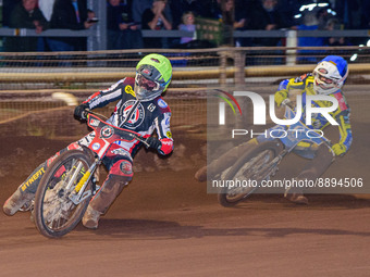 Jye Etheridge  (Yellow) leads Lewis Kerr   (Blue) during the SGB Premiership match between Sheffield Tigers and Belle Vue Aces at Owlerton S...