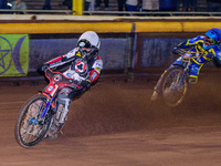 Brady Kurtz  (White) leads Justin Sedgmen  (Blue) during the SGB Premiership match between Sheffield Tigers and Belle Vue Aces at Owlerton S...