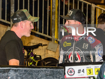 Jye Etheridge  (right) chats with mechanic Paul Sharples during the SGB Premiership match between Sheffield Tigers and Belle Vue Aces at Owl...