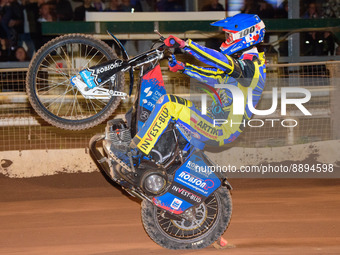 Tobiasz Musielak  celebrates with a wheelie during the SGB Premiership match between Sheffield Tigers and Belle Vue Aces at Owlerton Stadium...