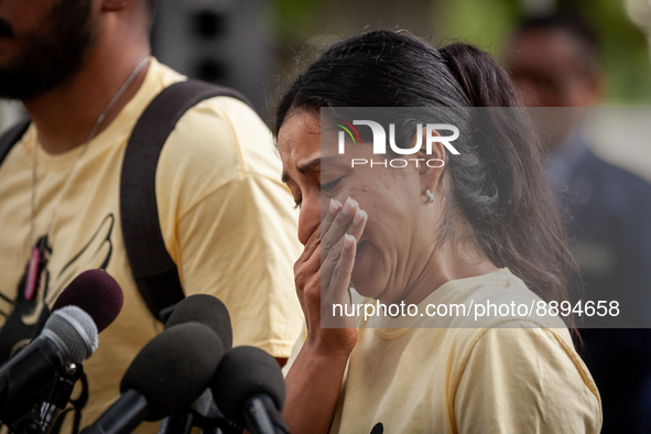 Kimberly Rubio pauses to compose herself while speaking about her daughter, Lexi, at a rally demanding the Senate pass an assault weapons ba...