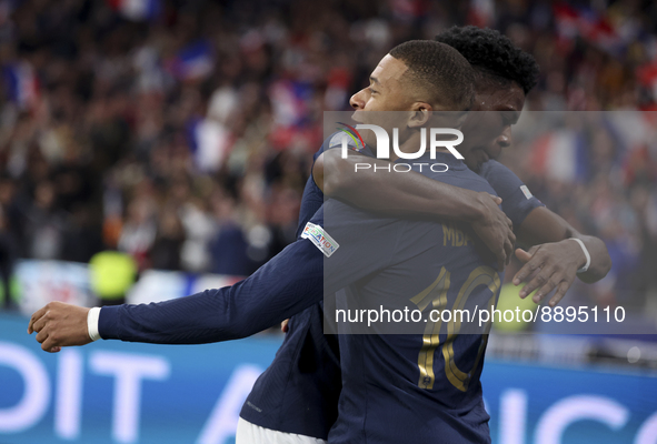 Kylian Mbappe of France celebrates his goal with Aurelien Tchouameni during the UEFA Nations League, League A - Group 1 football match betwe...