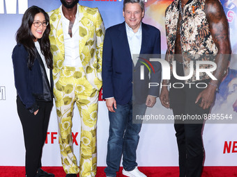VP of Independent Content Acquisition at Netflix Lisa Nishimura, American former professional basketball player Dwyane Wade wearing Gucci, C...