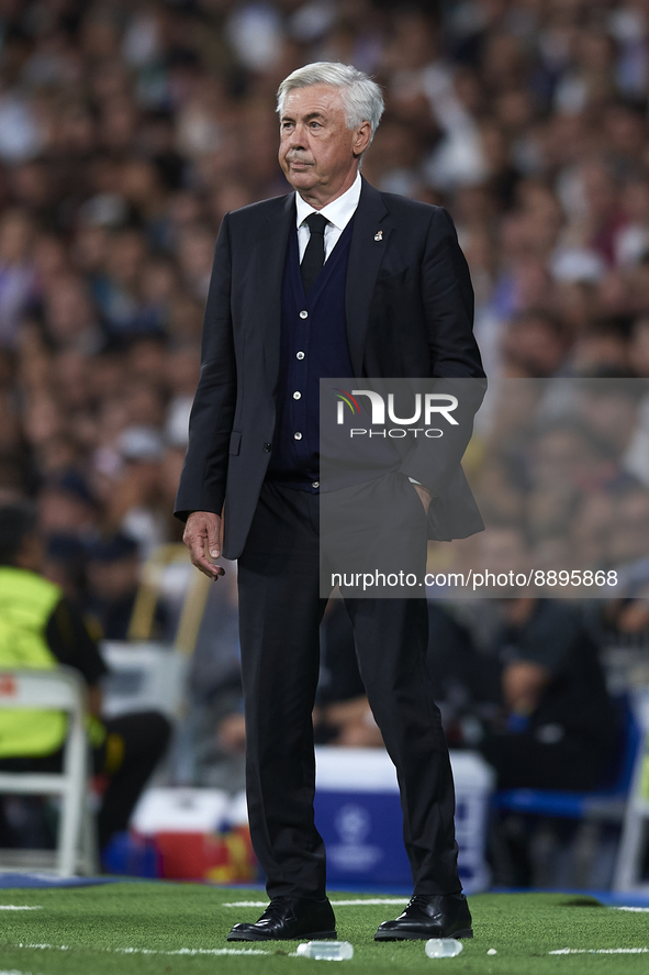 Carlo Ancelotti head coach of Real Madrid looks during the UEFA Champions League group F match between Real Madrid and RB Leipzig at Estadio...