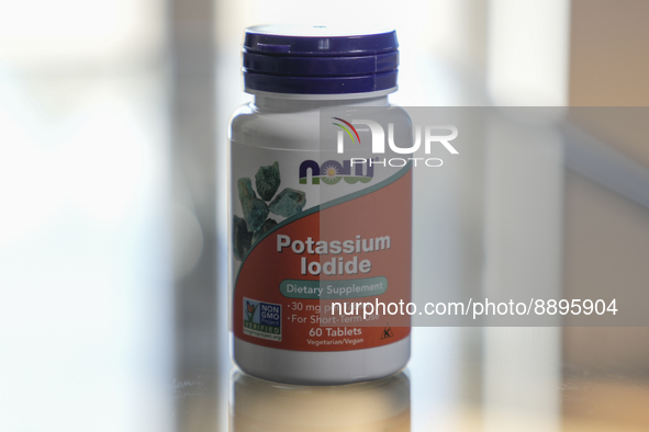 A bottle with potassium iodine pills is seen in this photo illustration in Warsaw, Poland on 23 September, 2022. The Polish government has d...