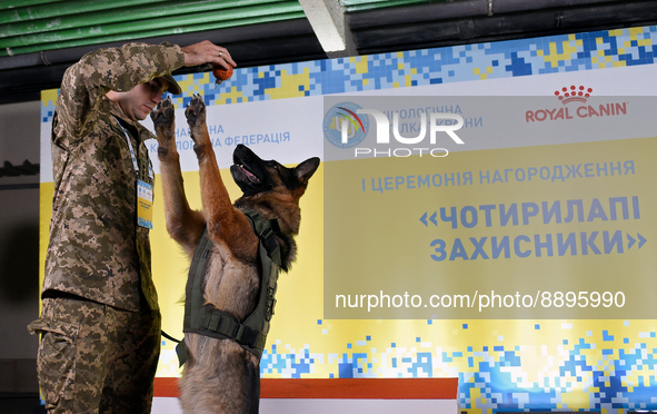 KYIV, UKRAINE - SEPTEMBER 22, 2022 - CynologistVolodymyr Kryzhanivskyi is pictured with a with his service dog during the first 
