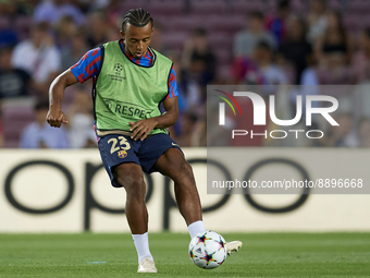 Jules Kounde centre-back of Barcelona and France during the warm-up before the UEFA Champions League group C match between FC Barcelona and...