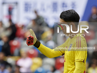 Shuichi Gonda goalkeeper of Japan and Shimizu S-Pulse gestures during the international friendly match between Japan and United States at Me...