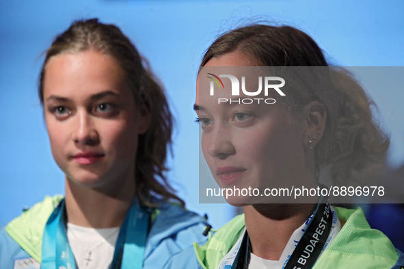 KYIV, UKRAINE - SEPTEMBER 21, 2022 - Ukrainian artistic swimmers Maryna and Vladyslava Alesiiva attend a meeting with Ukrainian diving and a...