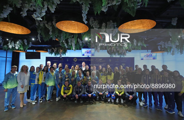 KYIV, UKRAINE - SEPTEMBER 21, 2022 - Participants pose for a group photo during a meeting with Ukrainian diving and artistic swimming teams...