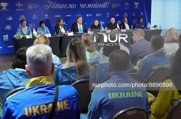 KYIV, UKRAINE - SEPTEMBER 21, 2022 - A meeting with Ukrainian diving and artistic swimming teams takes place to present the season's result...