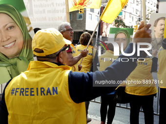 People demonstrate against Iranian President Ebrahim Raisi’s murder of thousands of political prisoners, near the 77th session of the United...