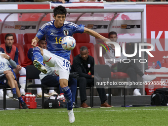 Takehiro Tomiyasu right-back of Japan and Arsenal FC controls the ball during the international friendly match between Japan and United Stat...
