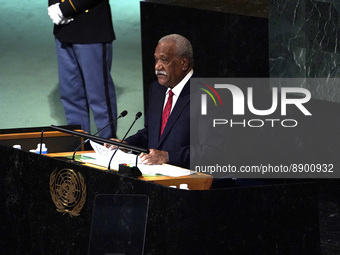 Nikenike Vurobaravu, president of the Republic of Vanuatu addresses the 77th session of the United Nations General Assembly (UNGA) at U.N. h...