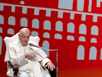 Pope Francis (Jorge Mario Bergoglio) attends the meeting in Assisi organised by Economy of Francis, an international movement of young econo...