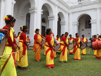 Indian traditional drum troupe (Dhaki) ahead of Durga Puja festival  in Kolkata , India on September 24,2022. (