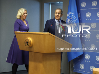 Russian Foreign Minister Sergey Lavrov arrives to the press briefing during the 77th session of the United Nations General Assembly (UNGA) a...