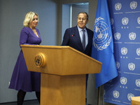 Russian Foreign Minister Sergey Lavrov arrives to the press briefing during the 77th session of the United Nations General Assembly (UNGA) a...
