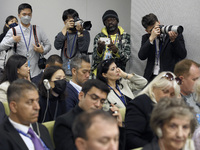 Media attends the Russian Foreign Minister Sergey Lavrov press briefing during the 77th session of the United Nations General Assembly (UNGA...