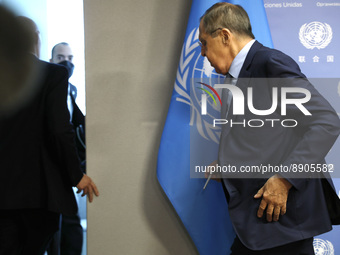 Russian Foreign Minister Sergey Lavrov leaves following his press briefing during the 77th session of the United Nations General Assembly (U...