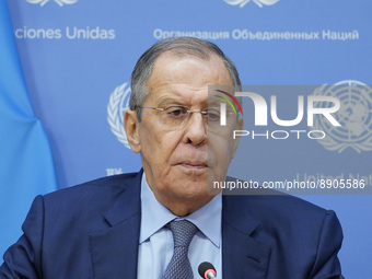 Russian Foreign Minister Sergey Lavrov briefs the press during the 77th session of the United Nations General Assembly (UNGA) at U.N. headqu...