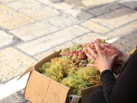 
A vendor in the Old City of Jerusalem displays grapes that she brought from Hebron to sell to passers-by from the market in Jerusalem, on...