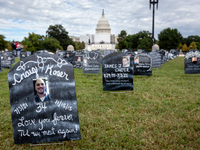 Headstones of individuals lost to opioid use form a cemetery in front of the US Capitol.  The art installation by Trail of Truth aims to cal...