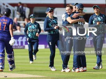 England Women's Kate Cross celebrates the wicket of Shafail Verma of India during Women's One Day International Series match between England...