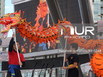 Chinese dancers perform a traditional Dragon Dance during the Community Crime Awareness Day in Mississauga, Ontario, Canada, on September 26...