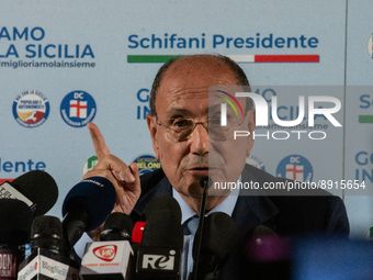 The new President of the Sicilian Region Renato Schifani speaks to journalists during the press conference in Palermo. Senator Renato Schifa...