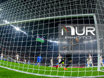 Goalkeeper of Hungary Peter Gulacsi saves during the UEFA Nations League A3 match at Puskás Aréna on Sept 26, 2022 in Budapest, Hungary. (